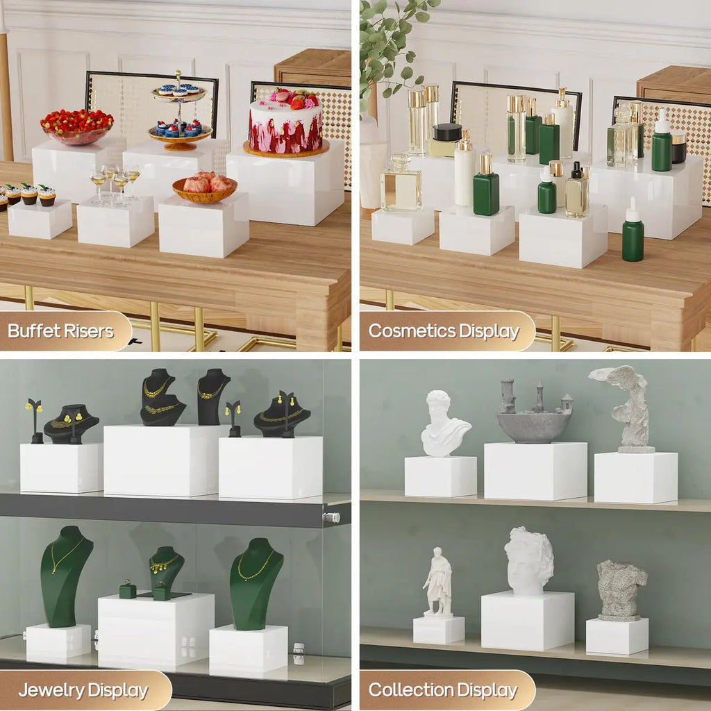 6 PCS Buffet Risers, Large Food Risers for Buffet Table, Display Stand Shelf for Party, Catering, Jewelry & Collectibles, White Plastic Nesting Boxes for Food Display