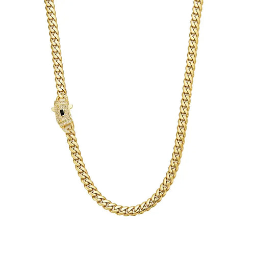 14K Gold Plated Cuban Link Necklace, White Stone Inlay, 6–14mm Gold Choker