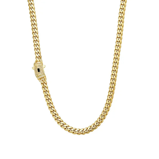 14K Gold Plated Cuban Link Necklace, White Stone Inlay, 6–14mm Gold Choker