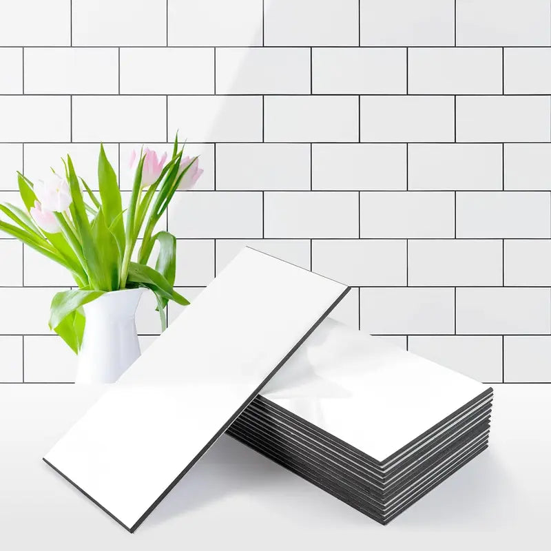 100Pcs Water Proof Glossy White Peel and Stick Backsplash,3''x6'' PVC Subway Tile, Stick on Backsplash for Kitchen/Bathroom Decoration Stickers Decorative Ornaments