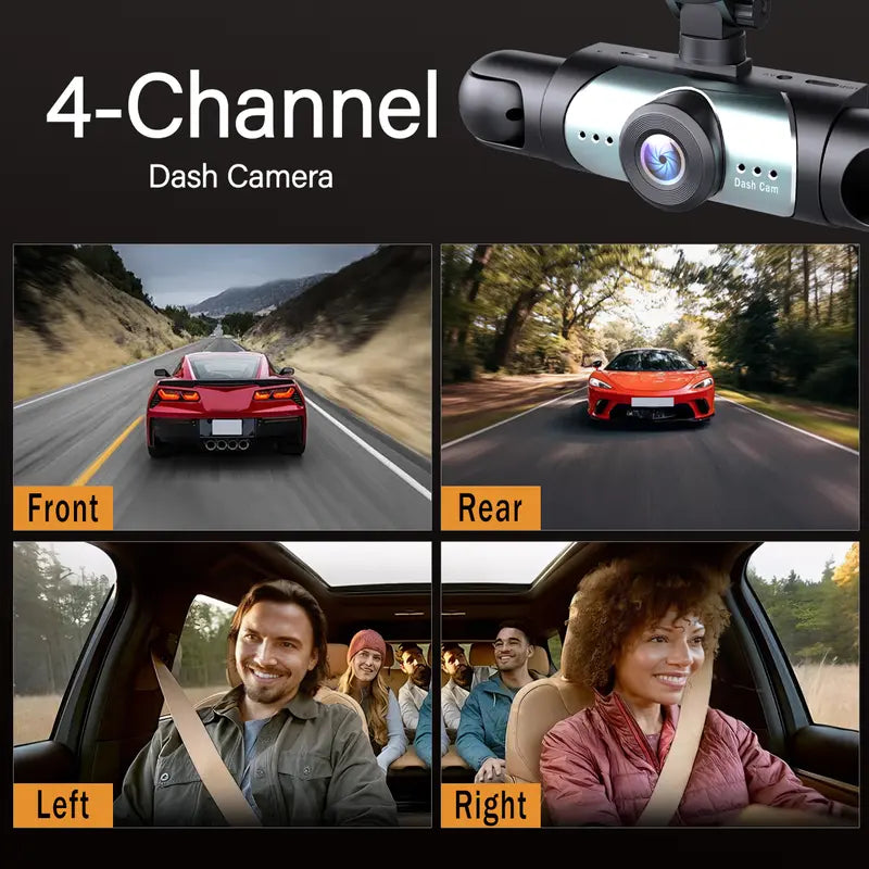 4 Channel Automotive DVR Camera 360° View Car Dash Cam with ABS, 1080P Front + 720P Rear/Left/Right Cameras, 64GB Memory Card, HD Screen, Non Wireless Car Mounted Dashboard Recorder