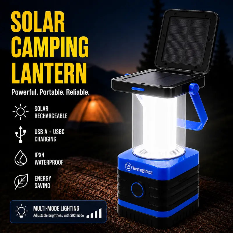 1000 Lumen Solar Powered LED Lantern, Rechargeable Camping Light with 5 Modes, USB-C & Power Bank