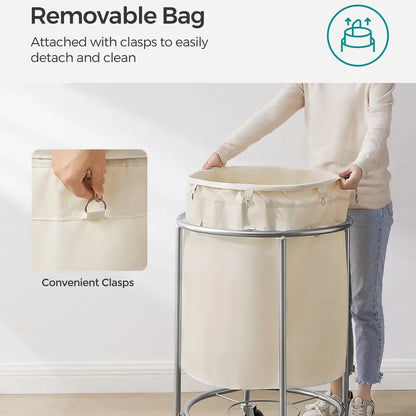 Rolling Laundry Hamper with Wheels, Round Laundry Basket, Steel Frame & Removable Bag