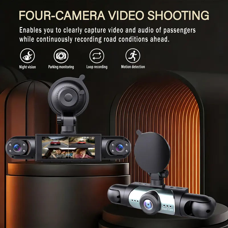 4 Channel Automotive DVR Camera 360° View Car Dash Cam with ABS, 1080P Front + 720P Rear/Left/Right Cameras, 64GB Memory Card, HD Screen, Non Wireless Car Mounted Dashboard Recorder