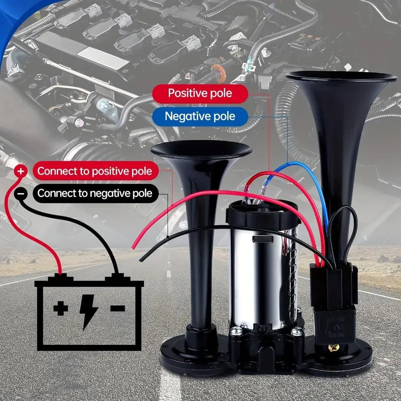 12V 130dB High-Power Dual-Trumpet Air Horn Kit (includes compressor) ，automotive accessory, external horn suitable for a wide range of vehicle models