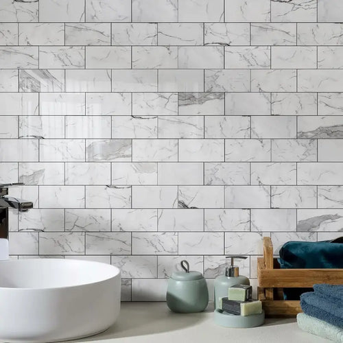 100Pcs Water Proof Glossy White Peel and Stick Backsplash,3''x6'' PVC Subway Tile, Stick on Backsplash for Kitchen/Bathroom Decoration Stickers Decorative Ornaments