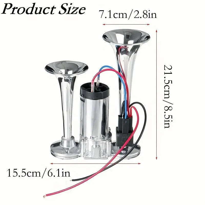 12V 130dB High-Power Dual-Trumpet Air Horn Kit (includes compressor) ，automotive accessory, external horn suitable for a wide range of vehicle models
