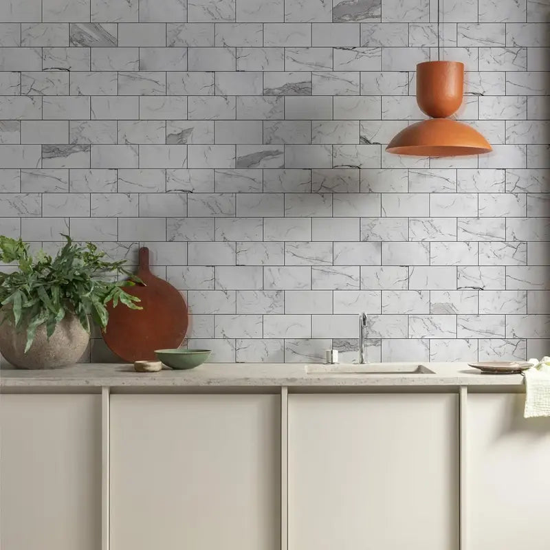 100Pcs Water Proof Glossy White Peel and Stick Backsplash,3''x6'' PVC Subway Tile, Stick on Backsplash for Kitchen/Bathroom Decoration Stickers Decorative Ornaments