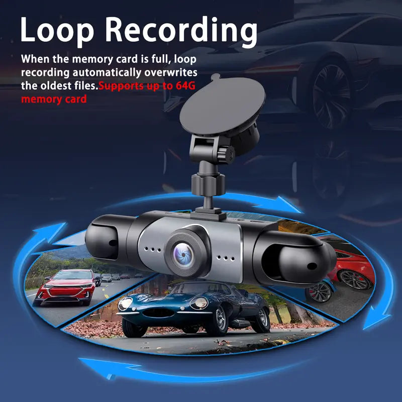 4 Channel Automotive DVR Camera 360° View Car Dash Cam with ABS, 1080P Front + 720P Rear/Left/Right Cameras, 64GB Memory Card, HD Screen, Non Wireless Car Mounted Dashboard Recorder