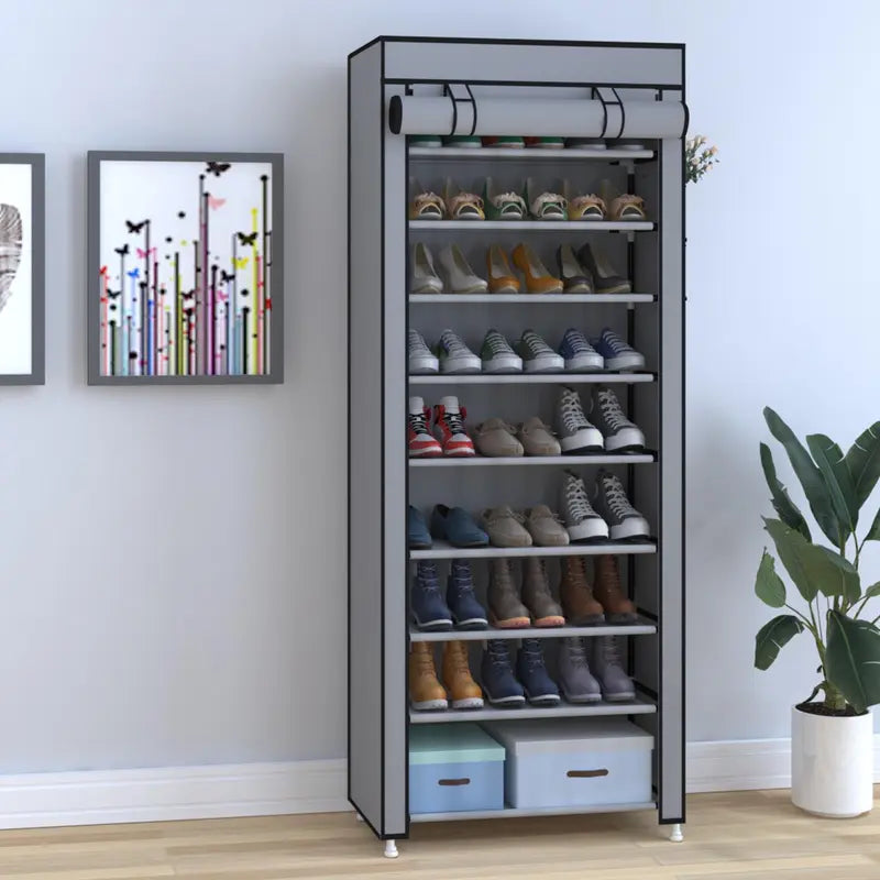 10 Tier Shoe Rack with Dustproof Cover Adjustable Storage Organizer
