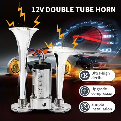 12V 130dB High-Power Dual-Trumpet Air Horn Kit (includes compressor) ，automotive accessory, external horn suitable for a wide range of vehicle models