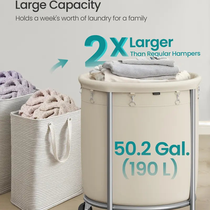 Rolling Laundry Hamper with Wheels, Round Laundry Basket, Steel Frame & Removable Bag