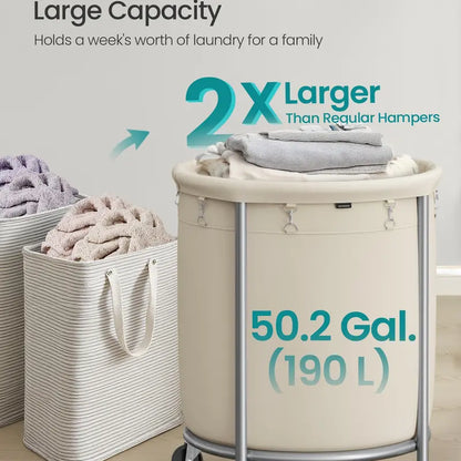 Rolling Laundry Hamper with Wheels, Round Laundry Basket, Steel Frame & Removable Bag