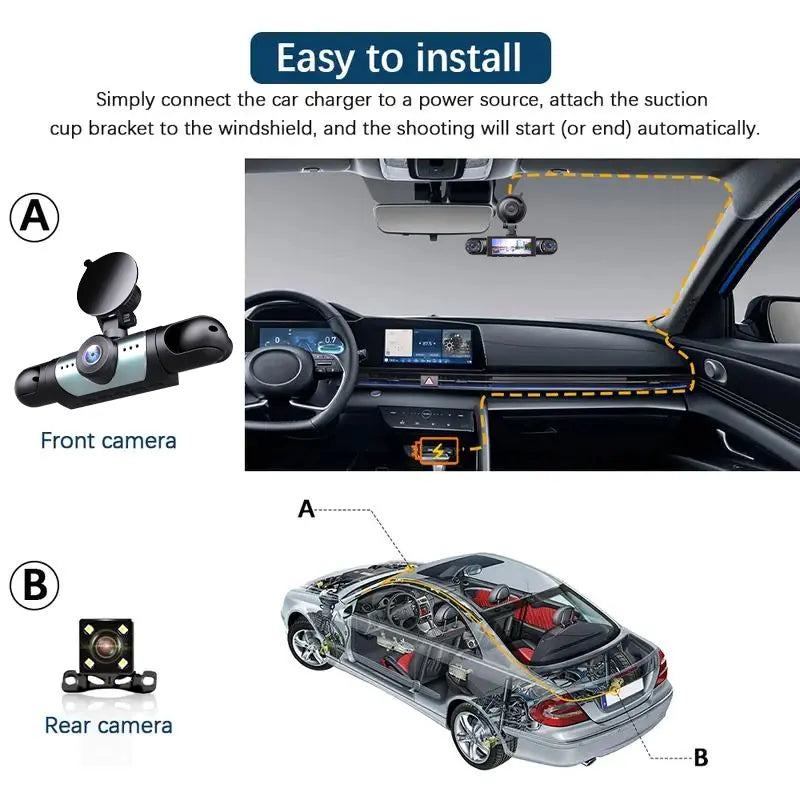 4 Channel Automotive DVR Camera 360° View Car Dash Cam with ABS, 1080P Front + 720P Rear/Left/Right Cameras, 64GB Memory Card, HD Screen, Non Wireless Car Mounted Dashboard Recorder
