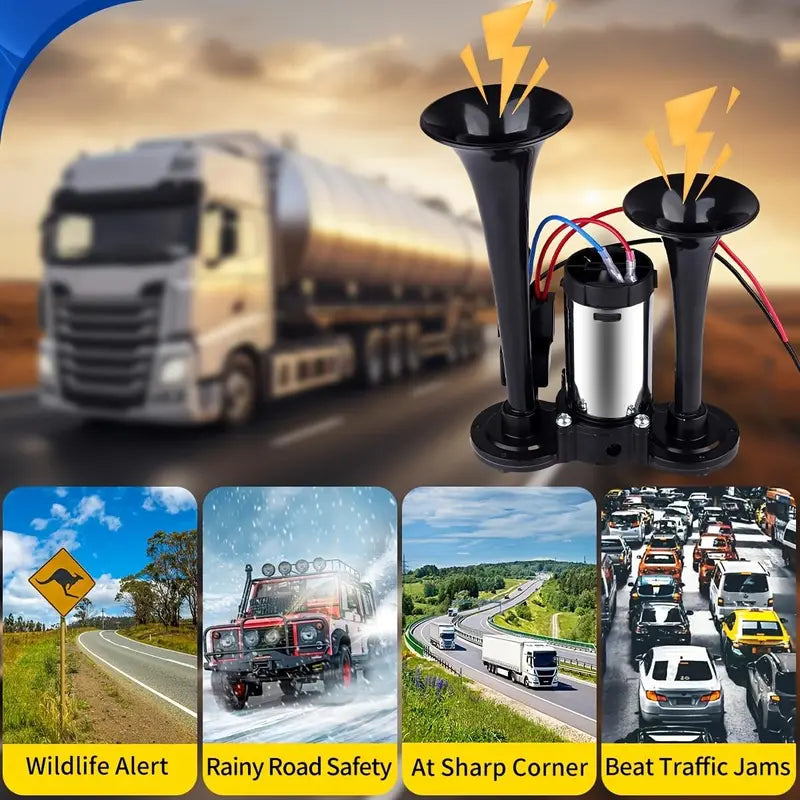 12V 130dB High-Power Dual-Trumpet Air Horn Kit (includes compressor) ，automotive accessory, external horn suitable for a wide range of vehicle models