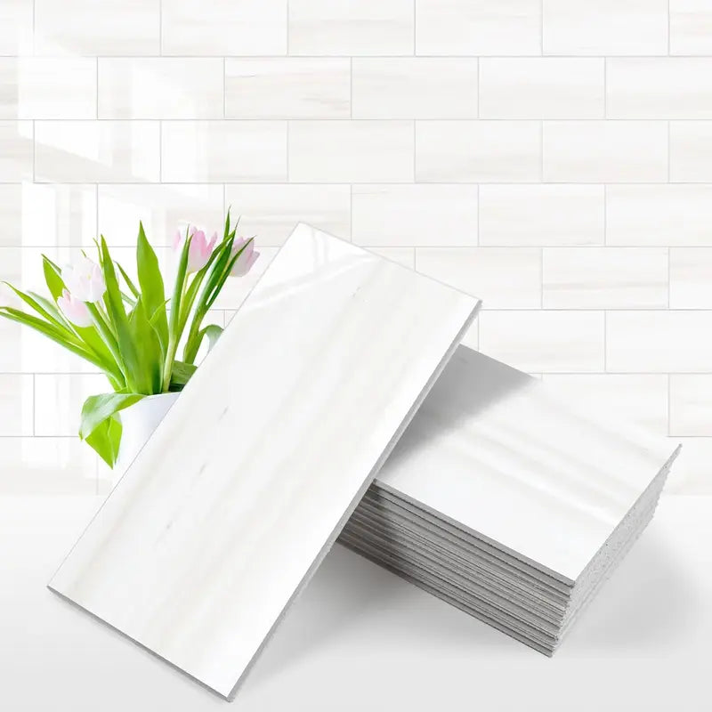 100Pcs Water Proof Glossy White Peel and Stick Backsplash,3''x6'' PVC Subway Tile, Stick on Backsplash for Kitchen/Bathroom Decoration Stickers Decorative Ornaments