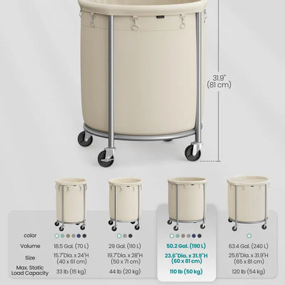 Rolling Laundry Hamper with Wheels, Round Laundry Basket, Steel Frame & Removable Bag