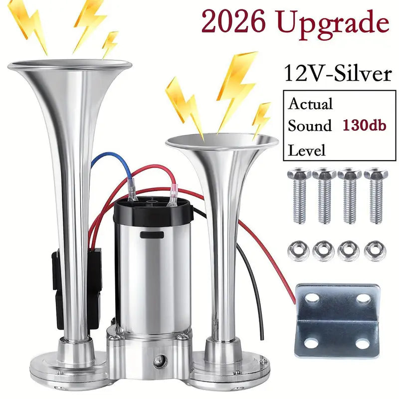 12V 130dB High-Power Dual-Trumpet Air Horn Kit (includes compressor) ，automotive accessory, external horn suitable for a wide range of vehicle models