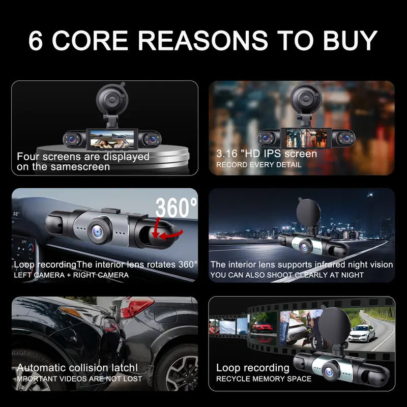 4 Channel Automotive DVR Camera 360° View Car Dash Cam with ABS, 1080P Front + 720P Rear/Left/Right Cameras, 64GB Memory Card, HD Screen, Non Wireless Car Mounted Dashboard Recorder