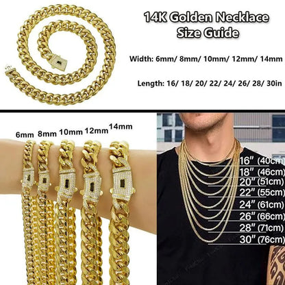 14K Gold Plated Cuban Link Necklace, White Stone Inlay, 6–14mm Gold Choker
