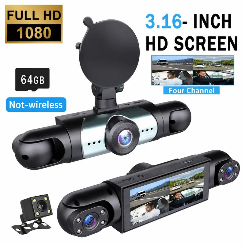 4 Channel Automotive DVR Camera 360° View Car Dash Cam with ABS, 1080P Front + 720P Rear/Left/Right Cameras, 64GB Memory Card, HD Screen, Non Wireless Car Mounted Dashboard Recorder
