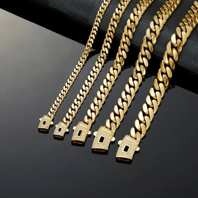 14K Gold Plated Cuban Link Necklace, White Stone Inlay, 6–14mm Gold Choker