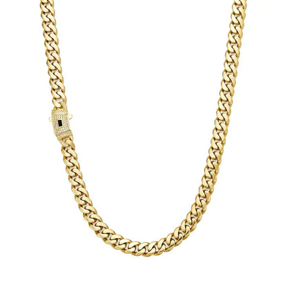 14K Gold Plated Cuban Link Necklace, White Stone Inlay, 6–14mm Gold Choker