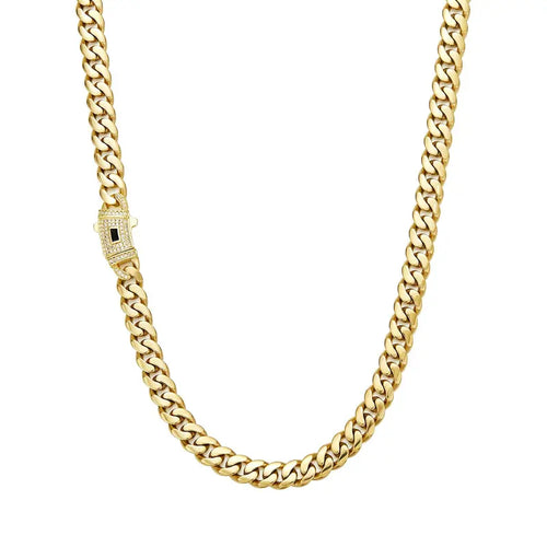 14K Gold Plated Cuban Link Necklace, White Stone Inlay, 6–14mm Gold Choker