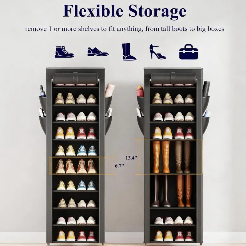 10 Tier Shoe Rack with Dustproof Cover Adjustable Storage Organizer