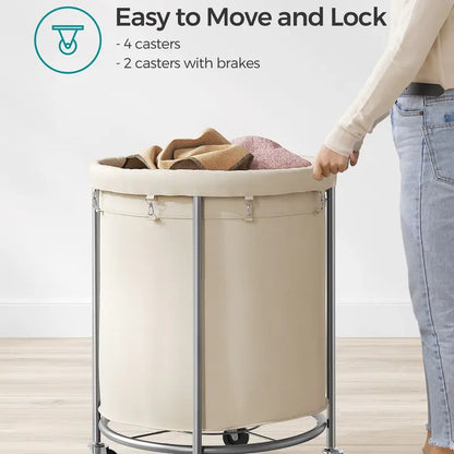 Rolling Laundry Hamper with Wheels, Round Laundry Basket, Steel Frame & Removable Bag
