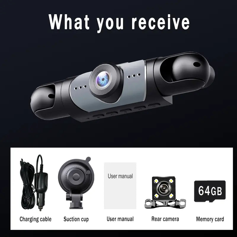 4 Channel Automotive DVR Camera 360° View Car Dash Cam with ABS, 1080P Front + 720P Rear/Left/Right Cameras, 64GB Memory Card, HD Screen, Non Wireless Car Mounted Dashboard Recorder