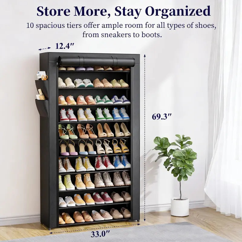 10 Tier Shoe Rack with Dustproof Cover Adjustable Storage Organizer