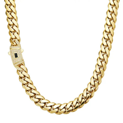 14K Gold Plated Cuban Link Necklace, White Stone Inlay, 6–14mm Gold Choker