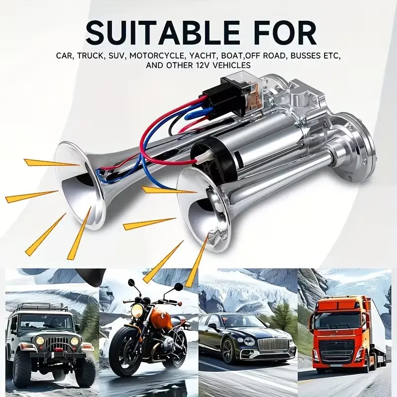 12V 130dB High-Power Dual-Trumpet Air Horn Kit (includes compressor) ，automotive accessory, external horn suitable for a wide range of vehicle models