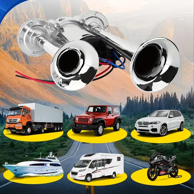 12V 130dB High-Power Dual-Trumpet Air Horn Kit (includes compressor) ，automotive accessory, external horn suitable for a wide range of vehicle models