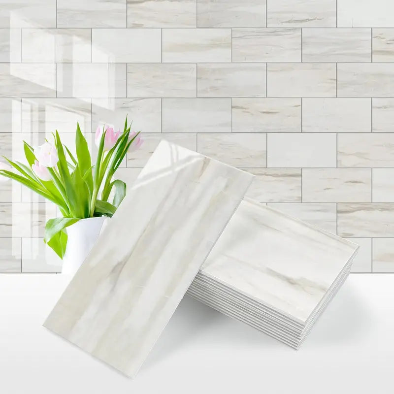 100Pcs Water Proof Glossy White Peel and Stick Backsplash,3''x6'' PVC Subway Tile, Stick on Backsplash for Kitchen/Bathroom Decoration Stickers Decorative Ornaments
