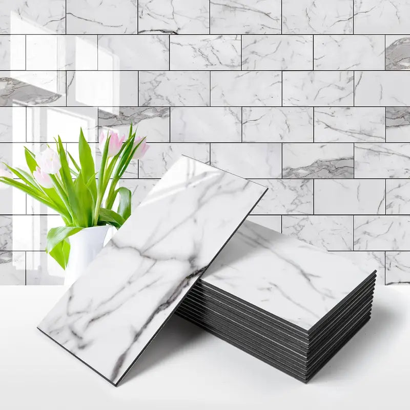 100Pcs Water Proof Glossy White Peel and Stick Backsplash,3''x6'' PVC Subway Tile, Stick on Backsplash for Kitchen/Bathroom Decoration Stickers Decorative Ornaments